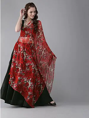 Black & Red Solid Ready To Wear Lehenga & Blouse With Tie-Up Detail Dupatta