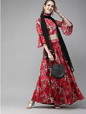  Red & Black Printed Ready To Wear Lehenga & Blouse With Dupatta