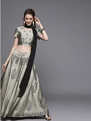Couture Grey & Black Printed Ready To Wear Lehenga & Blouse With Dupatta