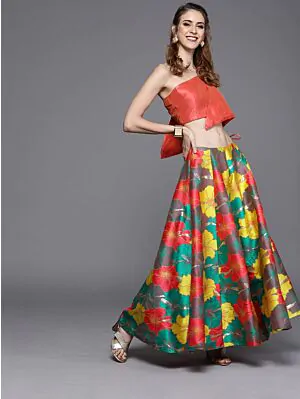  Couture Red & Yellow Woven Design Ready To Wear Lehenga With Blouse