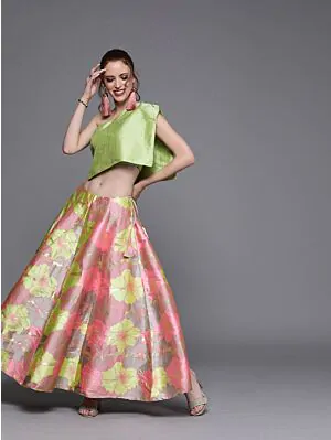  Couture Pink & Green Woven Design Ready To Wear Lehenga With Blouse