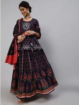 Blue & Red Floral Printed Embroidered Lehenga Choli With Dupatta Set