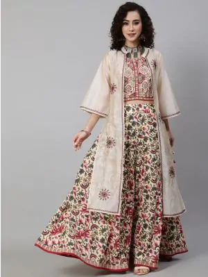 Cream & Red Floral Printed Lehenga Choli With Chanderi Embroidered Jacket