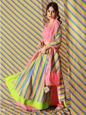 Pink & Green Gold Leheriya Printed Layered Lehenga Choli With Dupatta Set